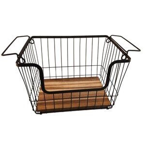 Black Metal Wire Pantry Closet Storage Basket With Wooden Base